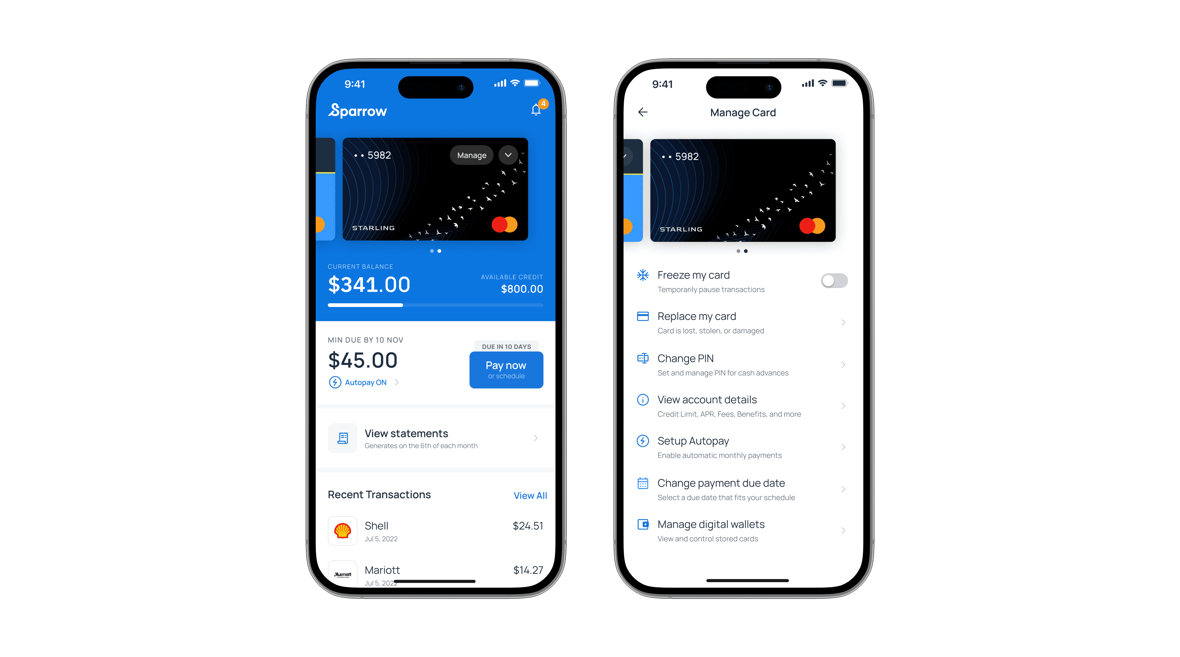 Sparrow Starling card management interface